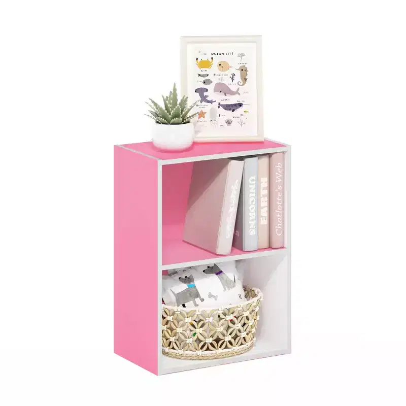 Furinno 2 Tier Compact Open Shelf Bookcase Sofa Side End Table Night Stand Storage Display Cabinet for Horizontal/Vertical Use,Pink/White