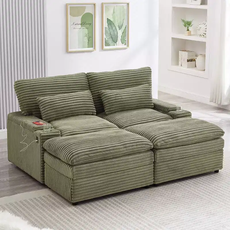 EHMKNP Modern 70.9 Sectional Loveseat Sofa with Storage, Ottomans, 4 Ports & 2 Cup Holders
