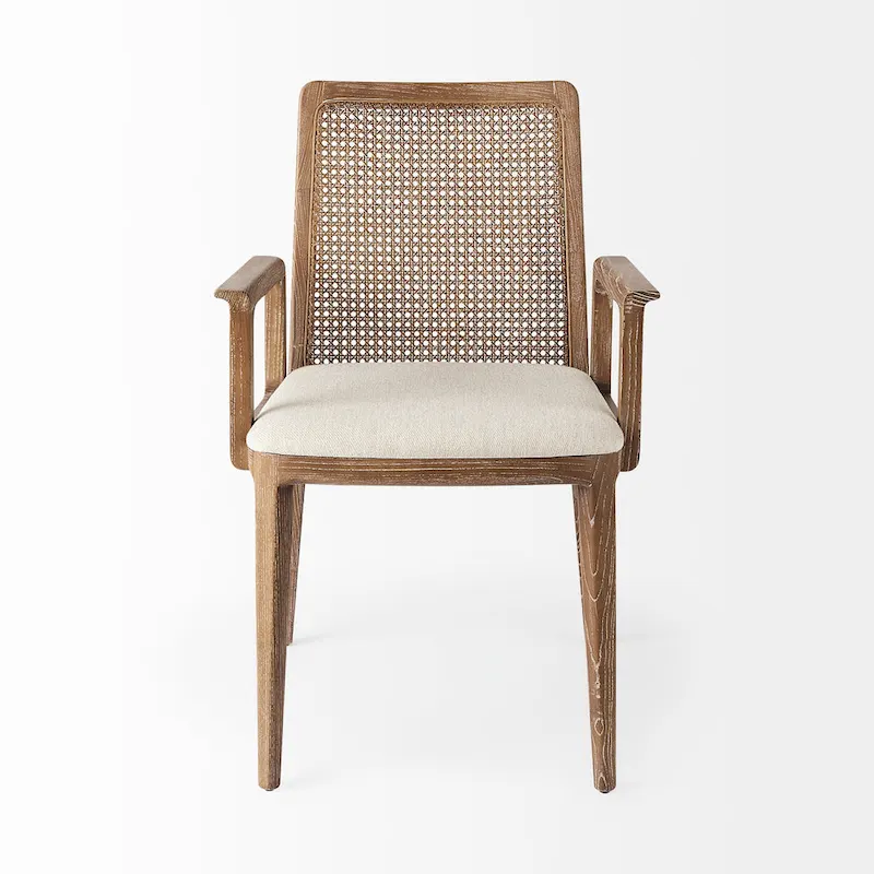 Clara Cream Fabric Seat with Cane Back and Light Brown Solid Wood Frame Dining Chair