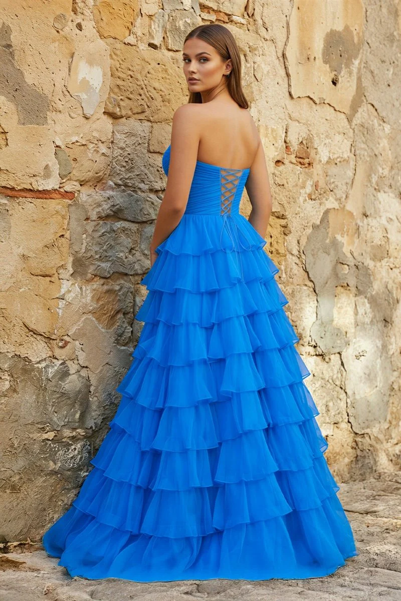 Sweetheart Blue Chiffon Tiered A-line Prom Dresses