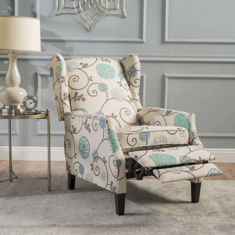 Wingback Pushback Recliner with Floral Polyester Upholstery – Nailhead Trim & Birch Wood Legs