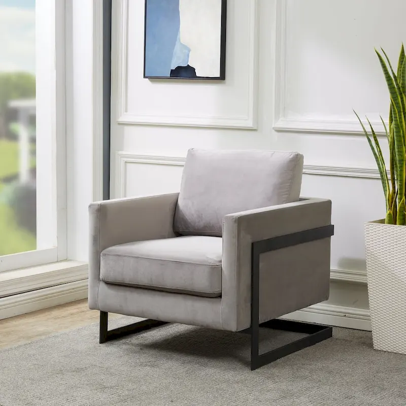 LeisureMod Lincoln Modern Velvet Arm Chair with Black Steel Frame - 35