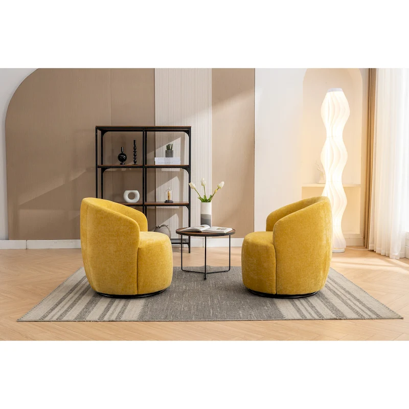 Yellow Chenille Modern 25.6 Swivel Barrel Chair with Metal Ring