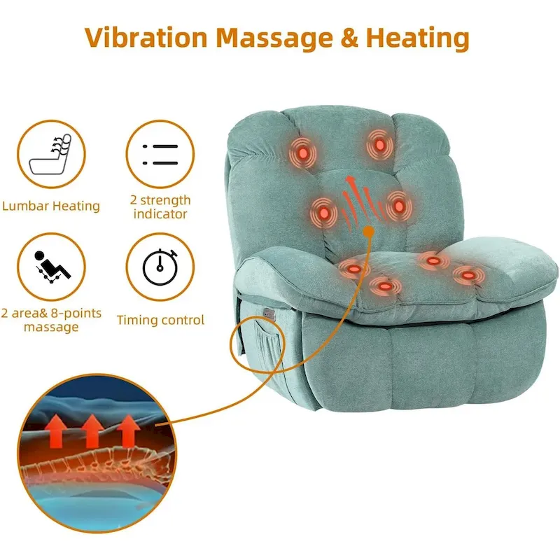 Swivel Power Recliner Chair, Massage Rocker with Heat, USB, USB-C and Side Pocket