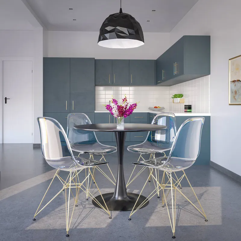 5-Piece Dining Set with 35 Round MDF Table and 4 ABS Plastic Side Chair with Gold Metal Legs