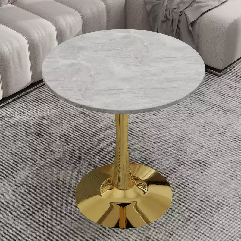 JVNOXK 27.6 Gold Round Coffee Table, Mid-Century Modern with Light Gray Textured Marble-Effect Top for 2C4 People