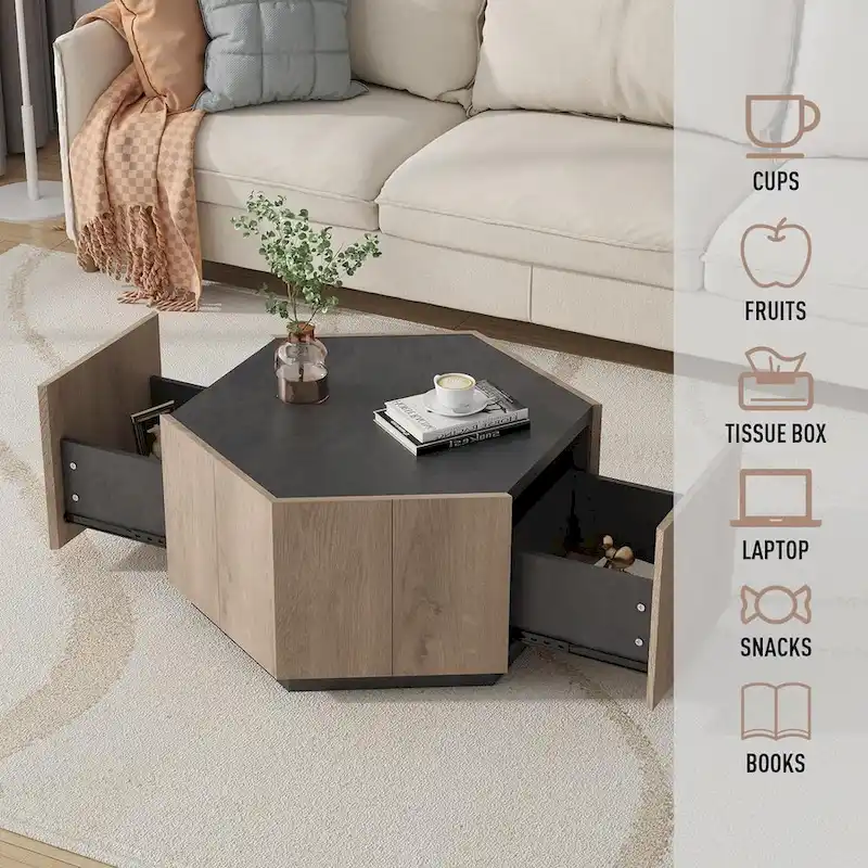 Hexagonal Coffee Table, Scratch Resistant Center Table with Drawers