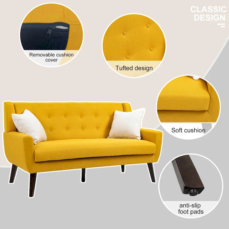 Modern Curved 63  Button Tufted Upholstered Loveseat with 2 Pillows