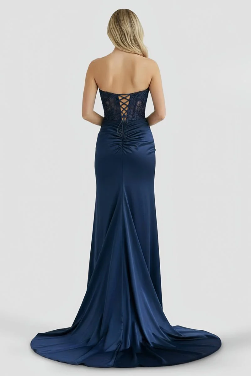 Royal Blue Strapless Lace Mermaid Long Prom Dresses With Slit