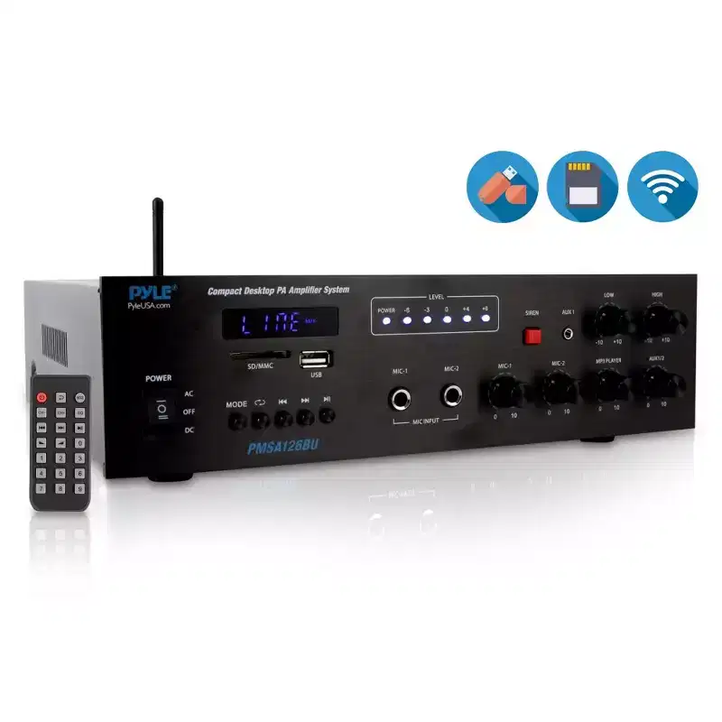 Pyle 500W Bluetooth Public Address Amplifier Receiver - Compact Desktop System with FM Radio (PMSA126BU)