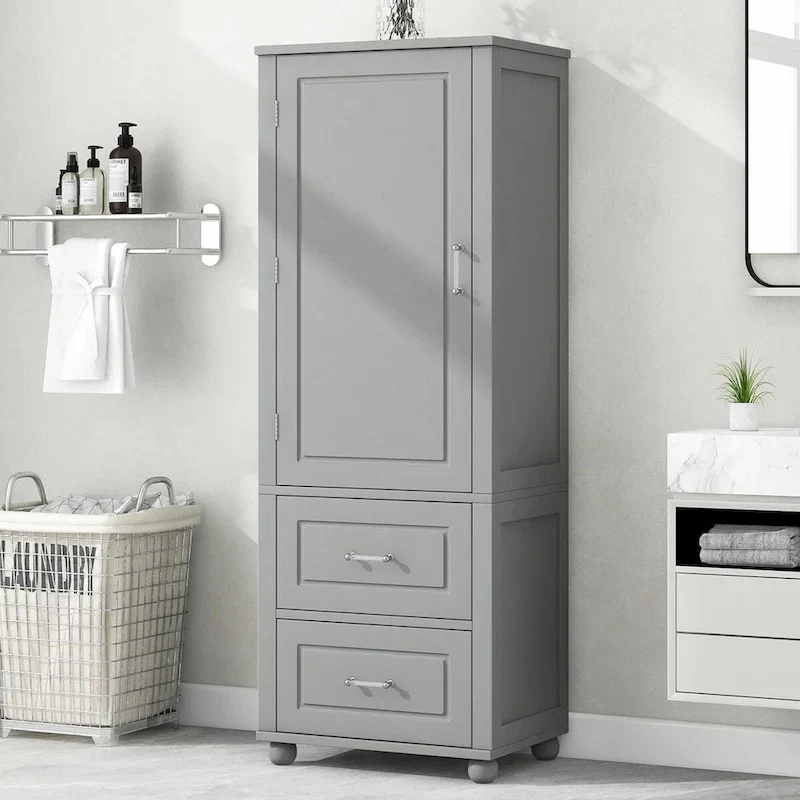 Grey Freestanding Storage Cabinet with Two Drawers and Adjustable Shelves