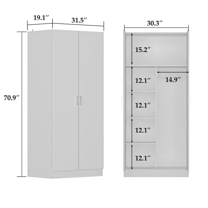 5-Tier Wardrobe Armoire with 2-Door & Hanging Rod - 31.5L x 15.7W x 70.9H