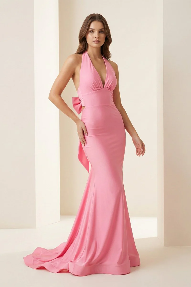 Pink Halter Mermaid Satin Open Back Formal Prom Dresses With Bow