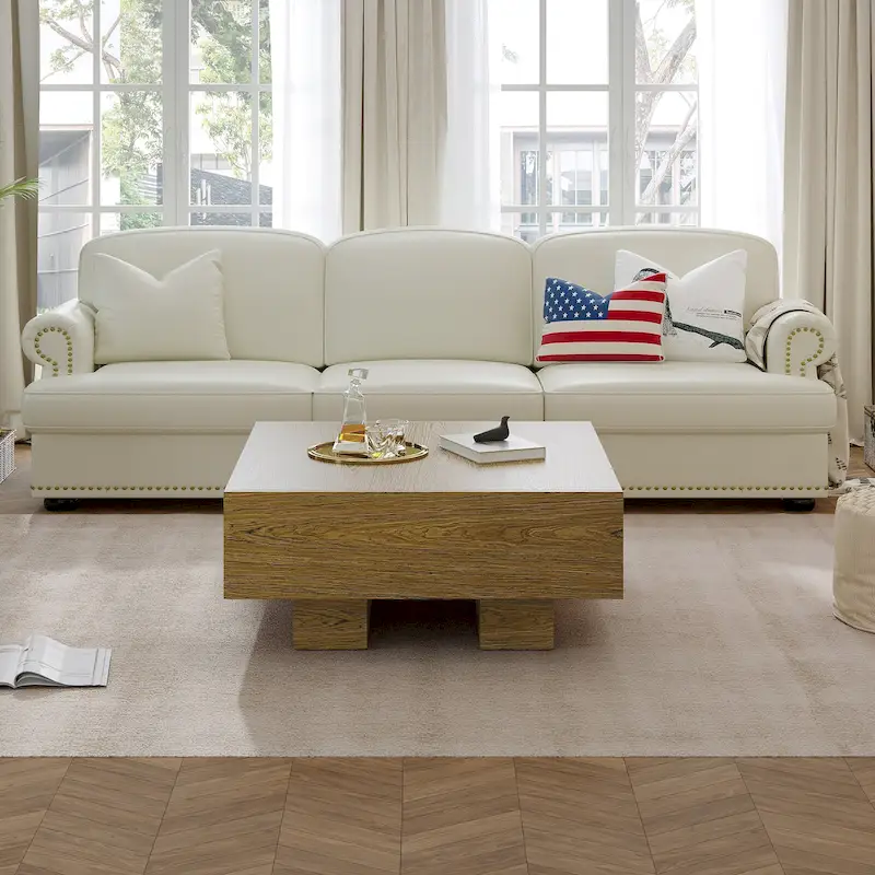 35.43 Square Wood Coffee Table with 2 Drawers, Brown Wood Texture - 35.43