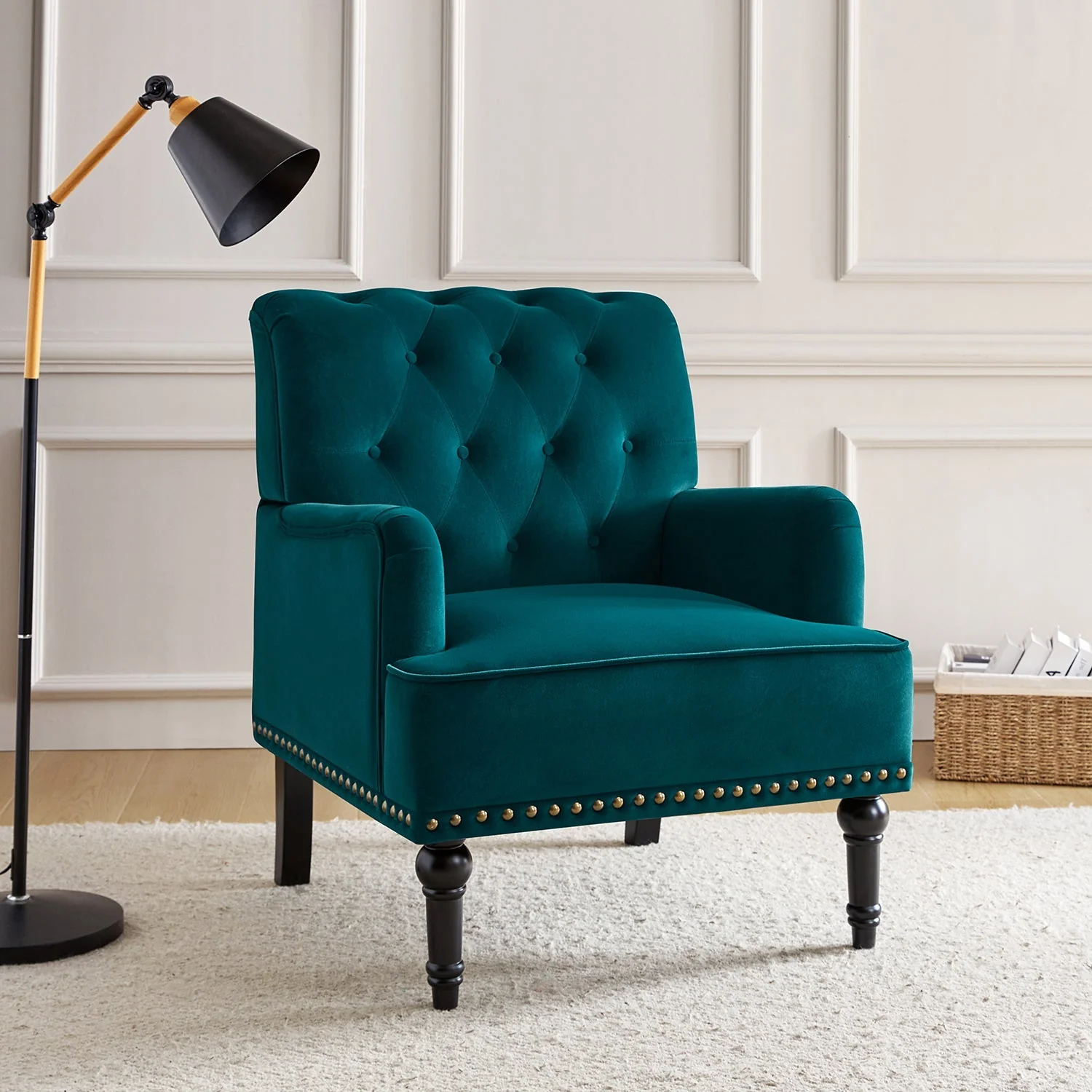 Velvet Armchair with Foam Fill & Carved Black Solid Wood Legs | Navy / Teal / Fuchsia / Green | Single Seat