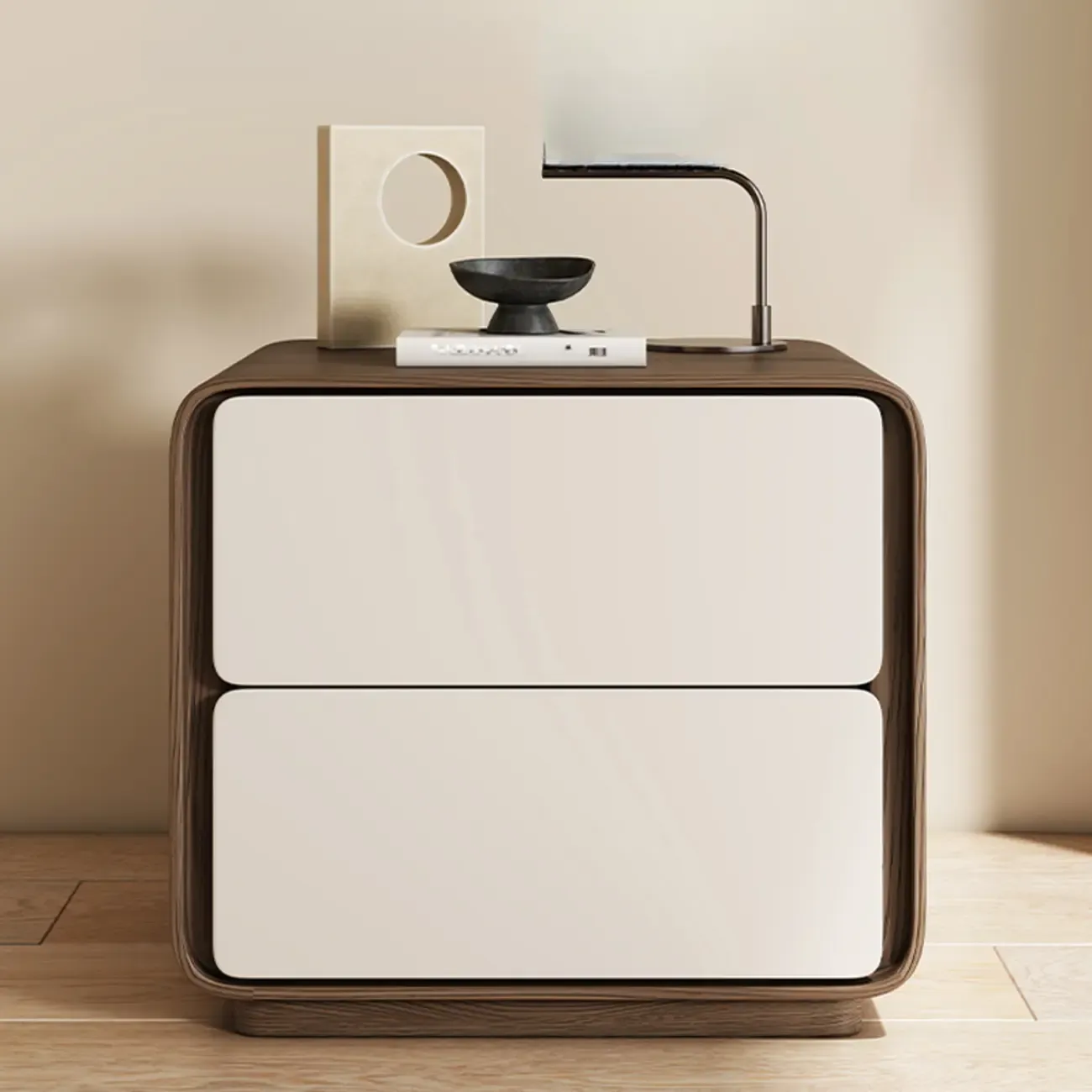 Modern Faux Leather Wood Top 2 Drawers Nightstand