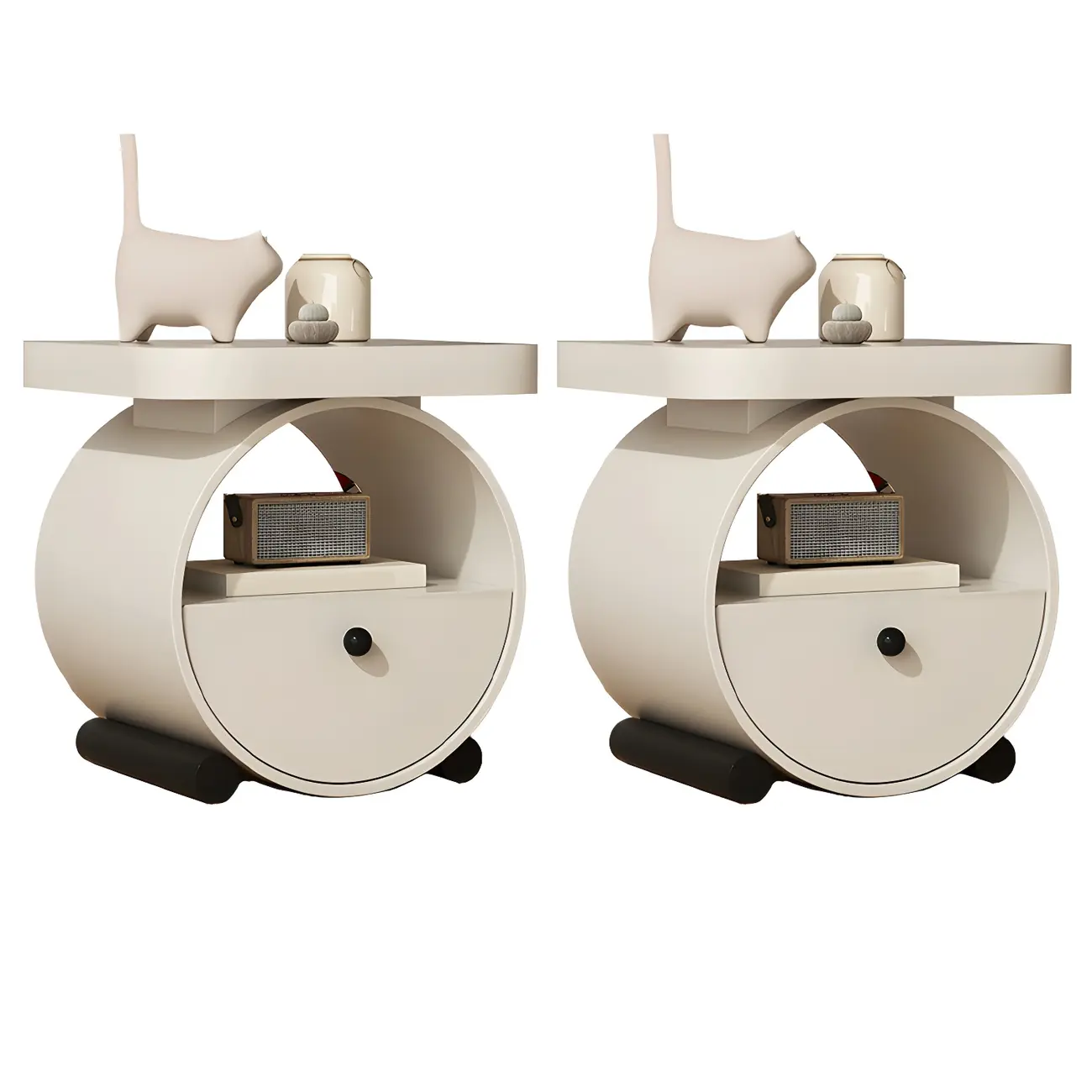 Khaki Beige Round Wooden Nightstand with Shelf & Drawer