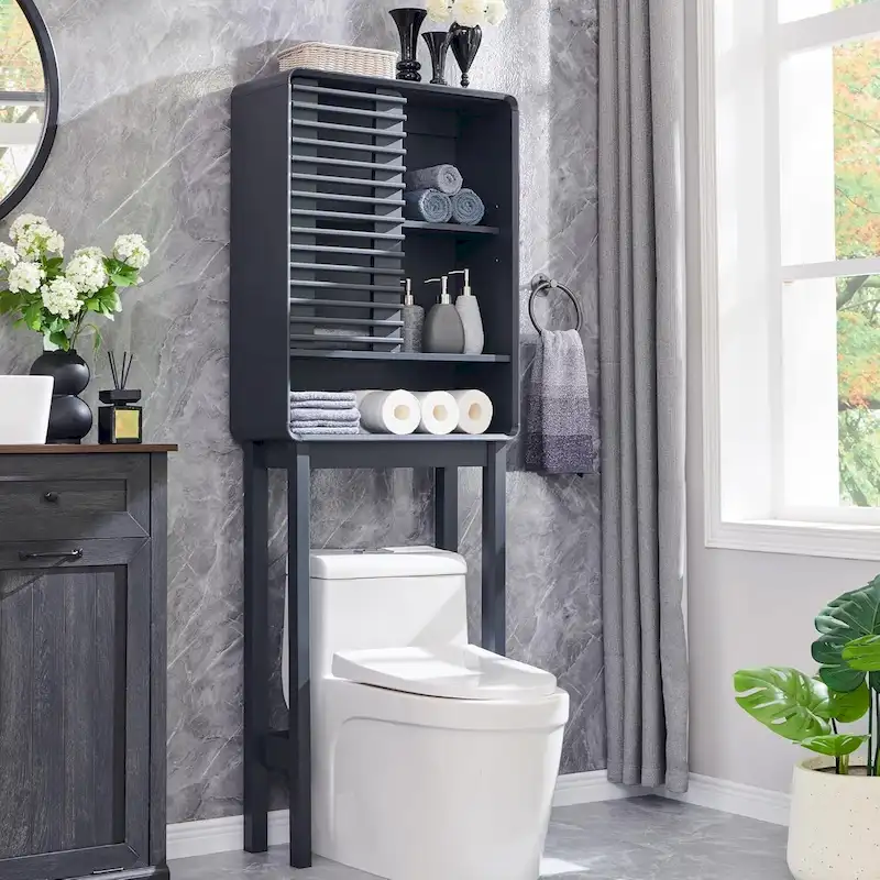 Dark Grey / White / Natural Oak Slatted Over-Toilet Cabinet, Mid-Century Style, 1-Person Assembly