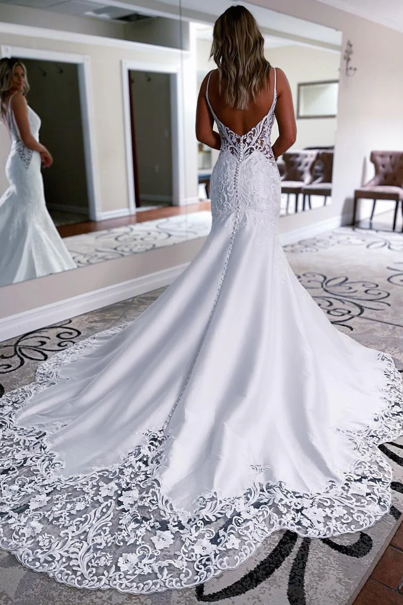White Mermaid Long Satin Wedding Dress with Appliqued