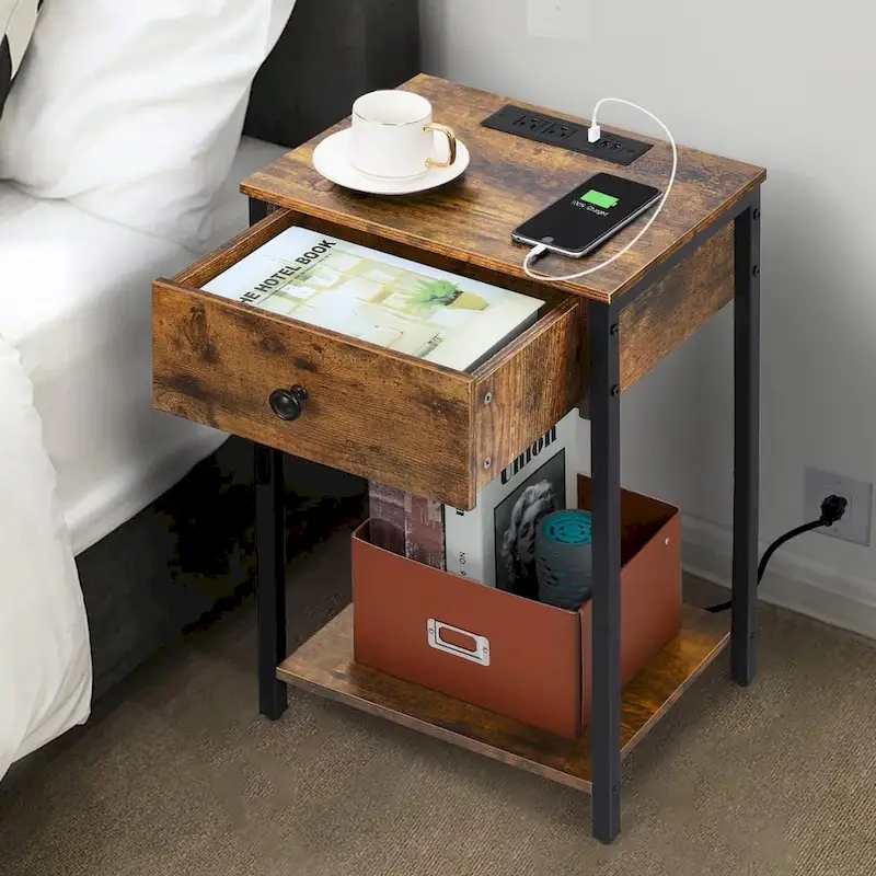 Set of 2 Nightstand with Charging Station