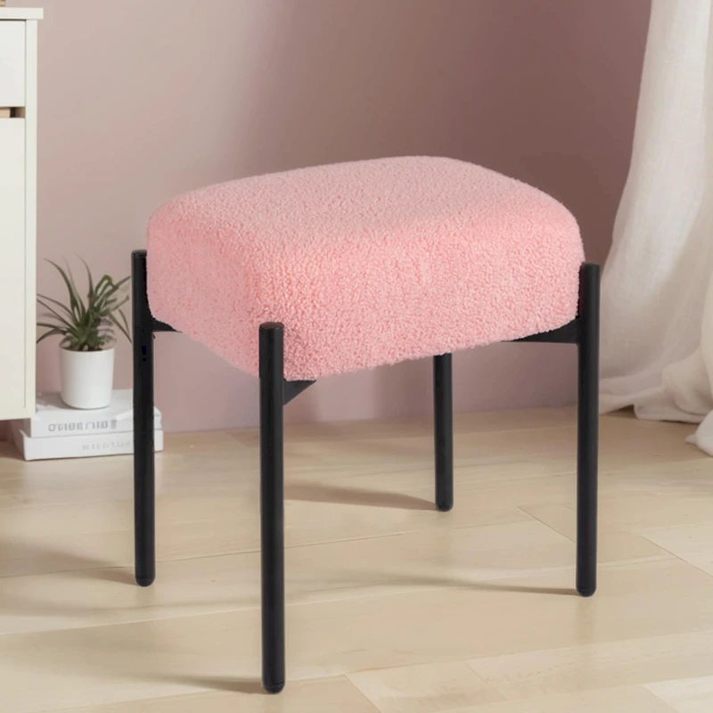 Faux Teddy Fur Round Vanity Stool, Ottoman Foot Stool