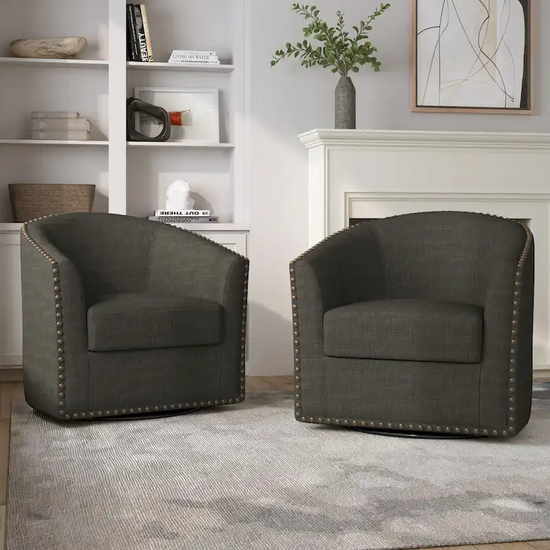 Upholstered Swivel Accent Chairs with Nailhead Trim, Set of 2