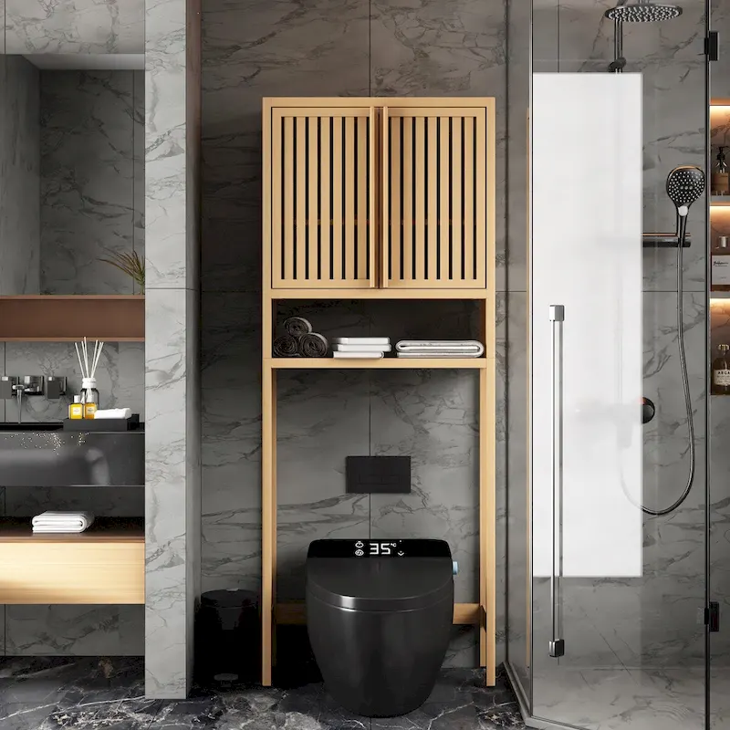 65 Tall Neutral Over-The-Toilet Bathroom Cabinet with Shelf and Two Doors