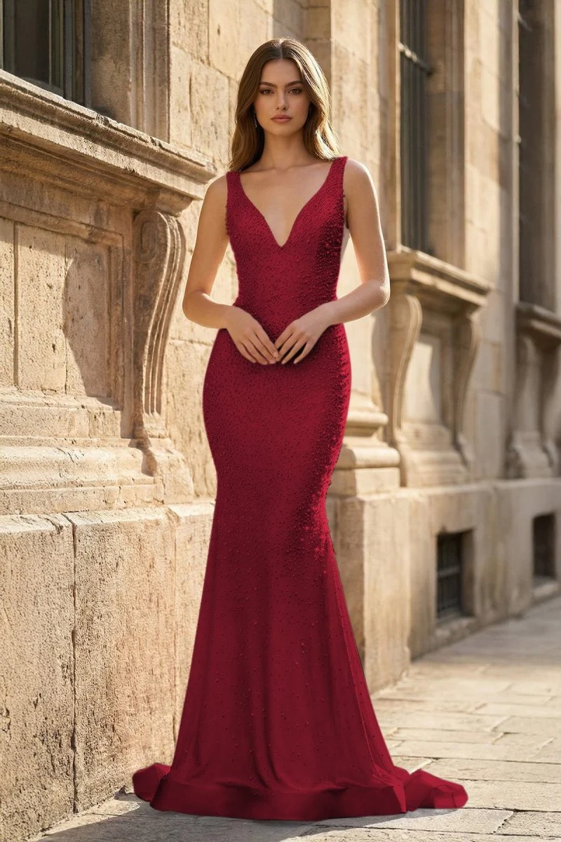 Pink V Neck Mermaid Satin Long Prom Dresses With Pearls