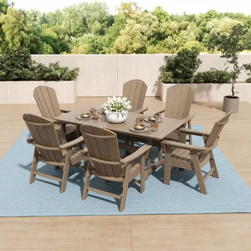Polytrends Laguna Hdpe All Weather Outdoor Patio Rectangular Adirondack Dining Chairs With Table (7-Piece Set)