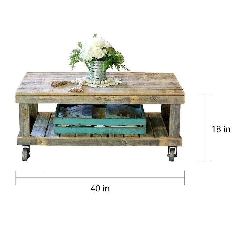 Reclaimed Wood Coffee Table with Caster Wheels – Natural, Rustic / Vintage Style