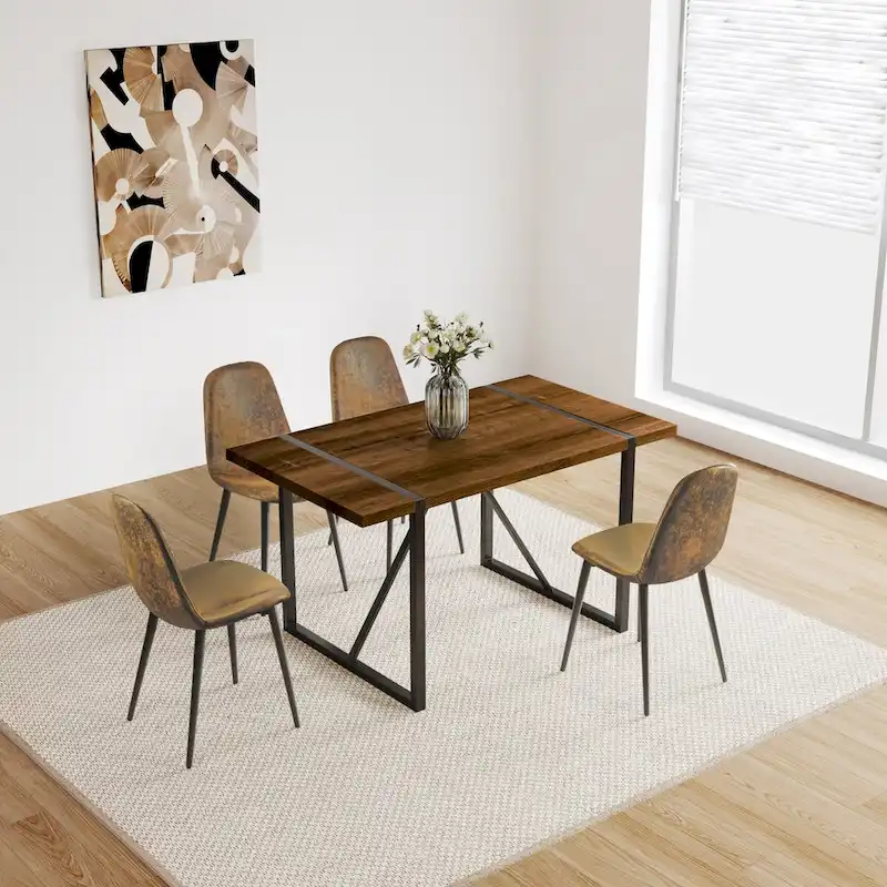 MDF Wood Colour Dining Table and Modern Dining Chairs Set of 4, Mid Century Wooden Kitchen Table Set, Metal Base & Legs