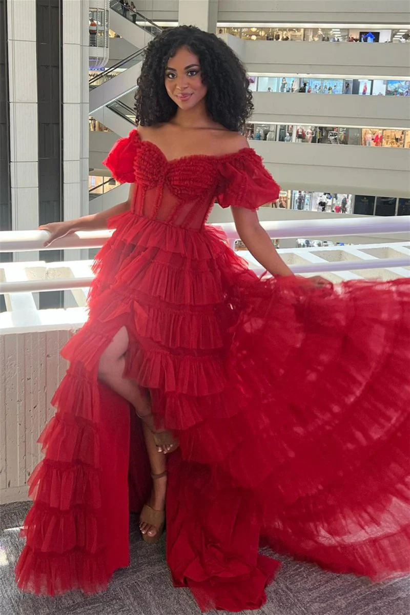 A-line Off-the-Shoulder Tulle Prom Dress with Slit