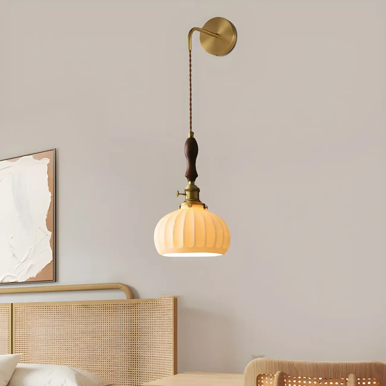 Vintage Brass Ceramic White Pendant Wall Sconce