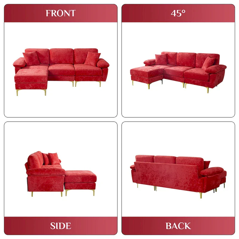 Upholstered Velvet Sectional Sofa with Pillows & Ottoman