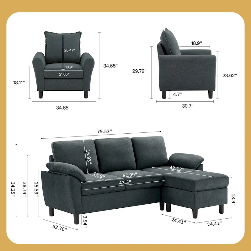 3-Piece Living Room Sectional Sofa Set with Chair and Ottoman
