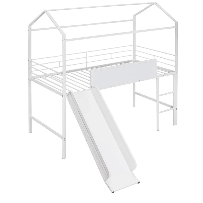 Merax Metal Twin House Loft Bed with Two-sided writable Wooden Board, Slide