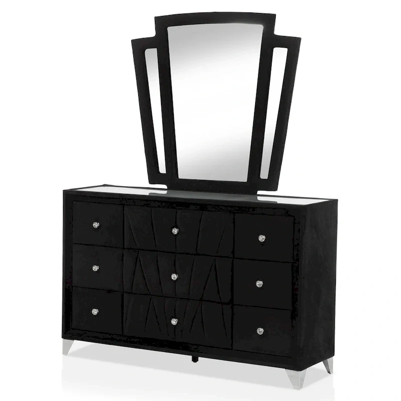 Ambrosia Glam Black Fabric Upholstered Nailhead 5-Piece Panel Bedroom Set by Furniture of America