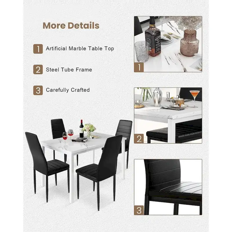Modern 5-Piece Kitchen Dining Set, Counter Height Dinette Set with Marble Look Top and 4 Upholstered PU Leather Chairs