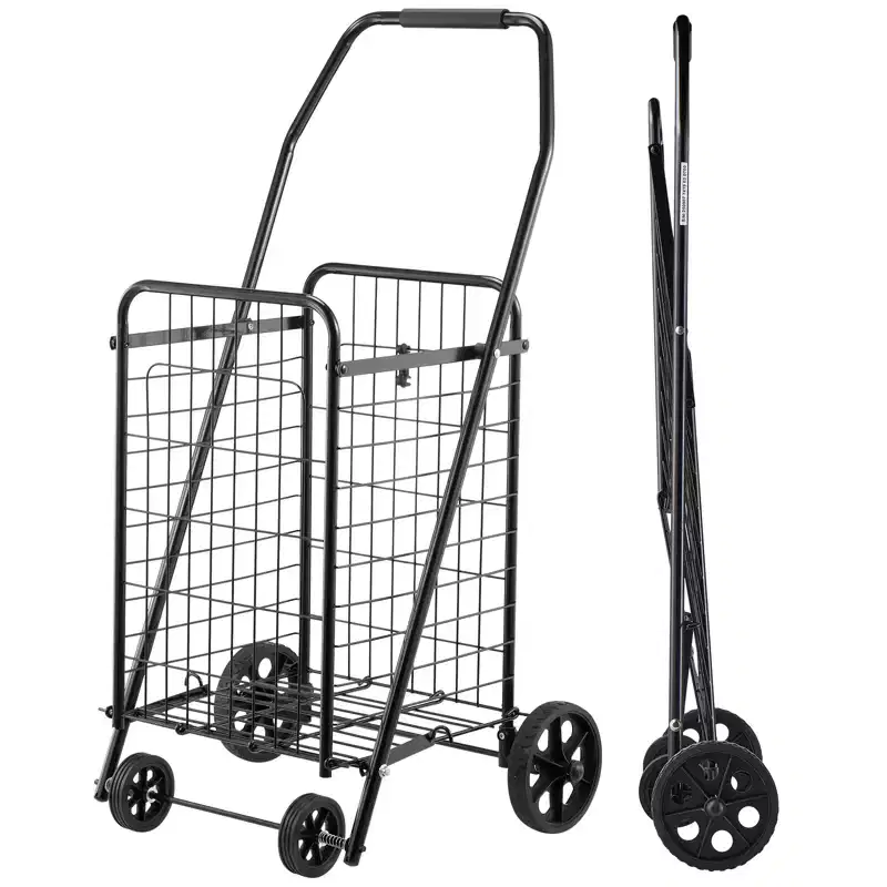 VEVOR Shopping Cart, Folding Grocery Utility Cart with Swivel Wheels, 90 LBS Large Load Capacity, Heavy Duty Rolling Laundry Basket Butler, Black
