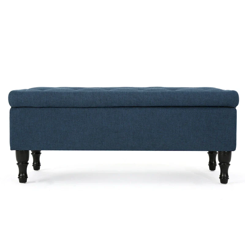 Storage Ottoman Bench, 41 Inch Button Tufted Navy Blue Fabric