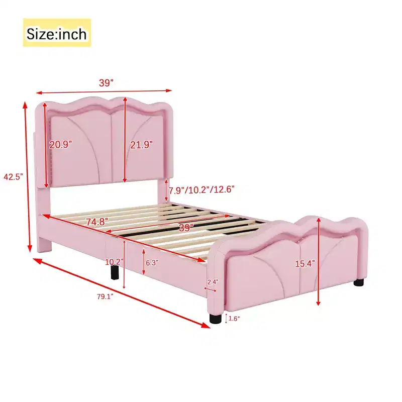 Luxystar PU Upholstered Platform Bed with Height-adjustbale Headboard for Kids? Room, Pink