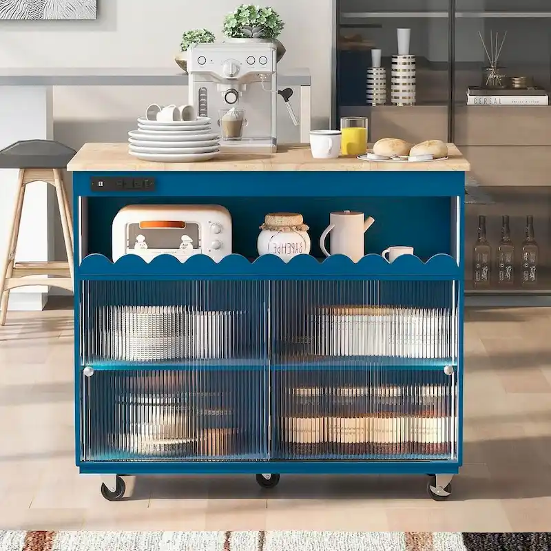 Multi-Functional Kitchen Island Cart with Drop Leaf, LED Light, and Power Outlets