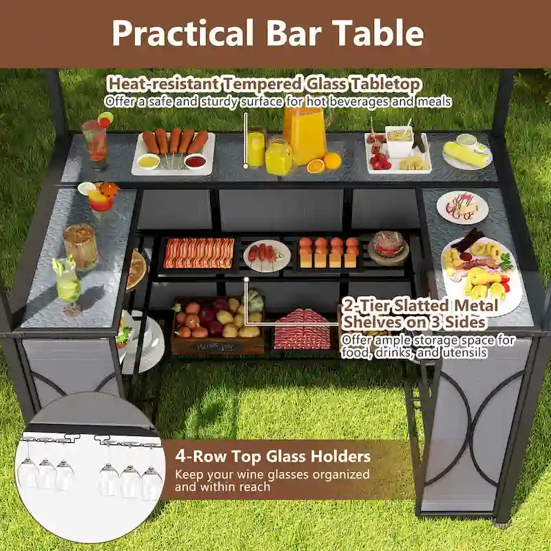 Costway 6.5 x 4 x 8 FT Grill Gazebo Set with 2 Bar Stools, Tempered - See Details