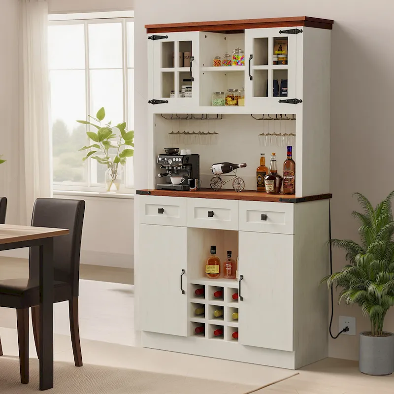 Kitchen Storage Cabinet Pantry Cupboard with Charging Station and 3 Drawers
