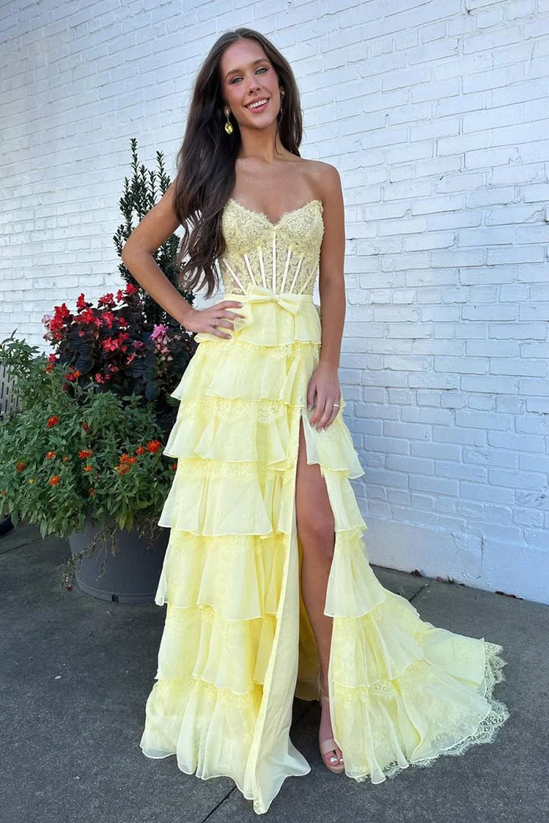 Yellow - Strapless A Line Chiffon Tiered Prom Dresses With Bow