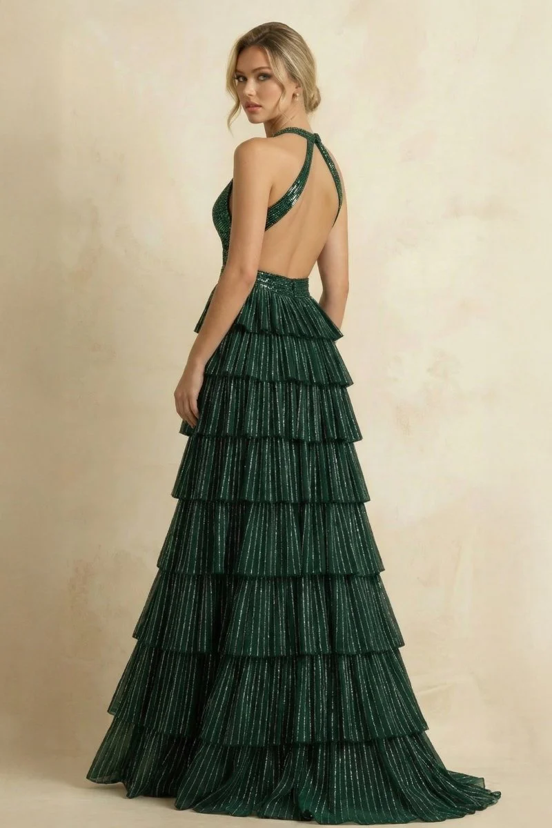 Dark Green - A-Line V Neck Satin Beaded Long Prom Dresses With Ruffles