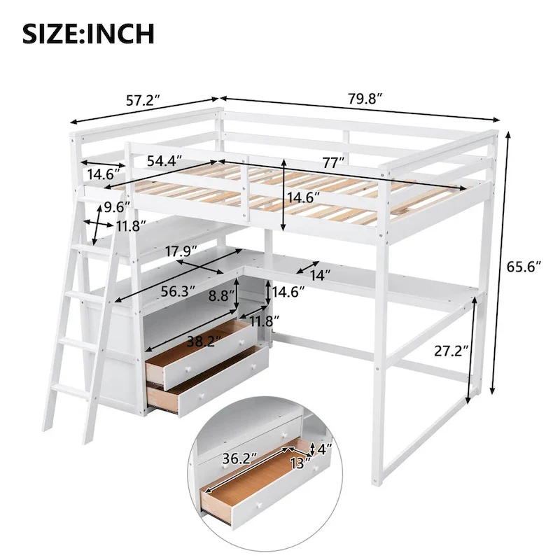 Full Size Loft Bed with Desk and Shelves, Two Built-in Drawers