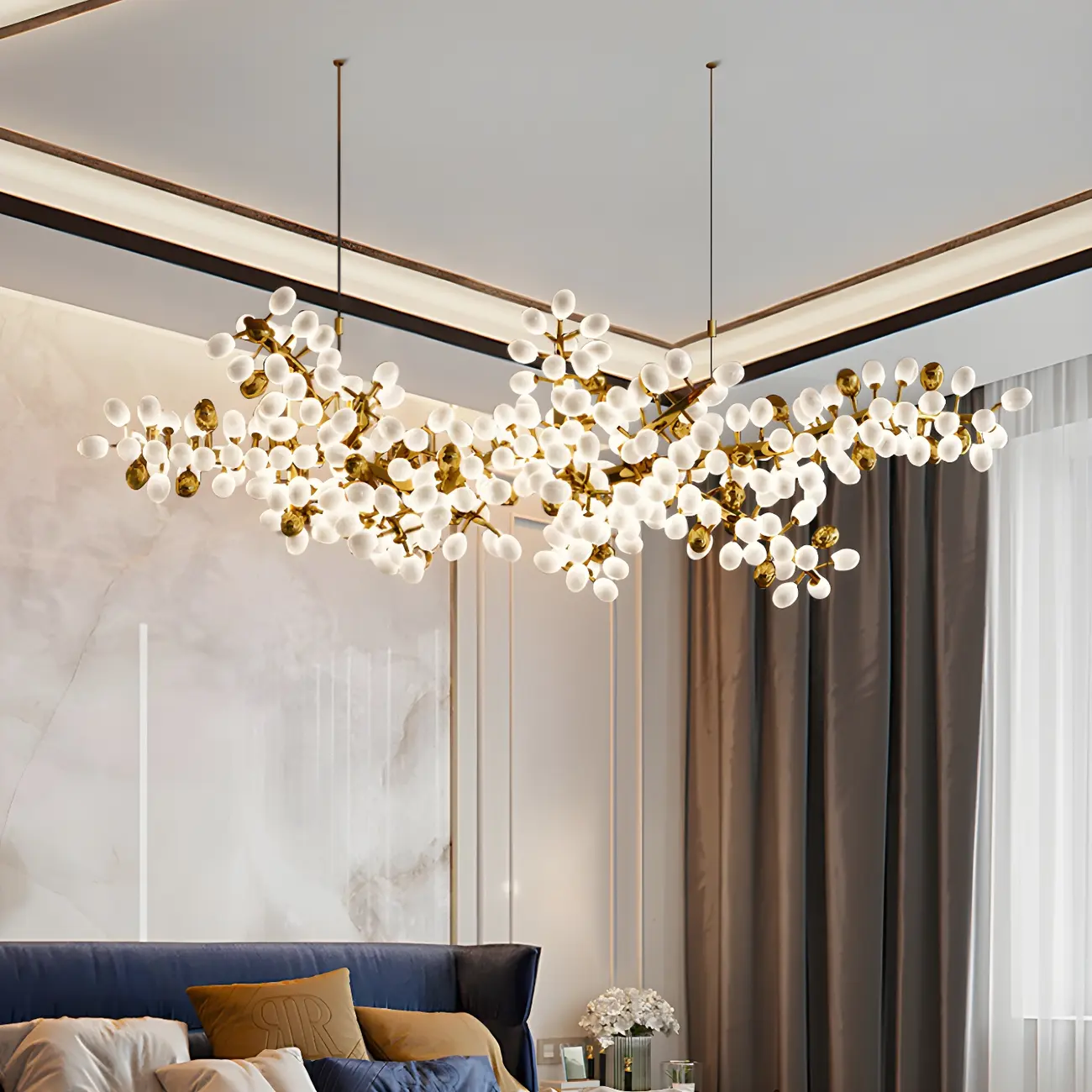 1 Tier Gold Branch White Glass Oval Cluster Pendant Light