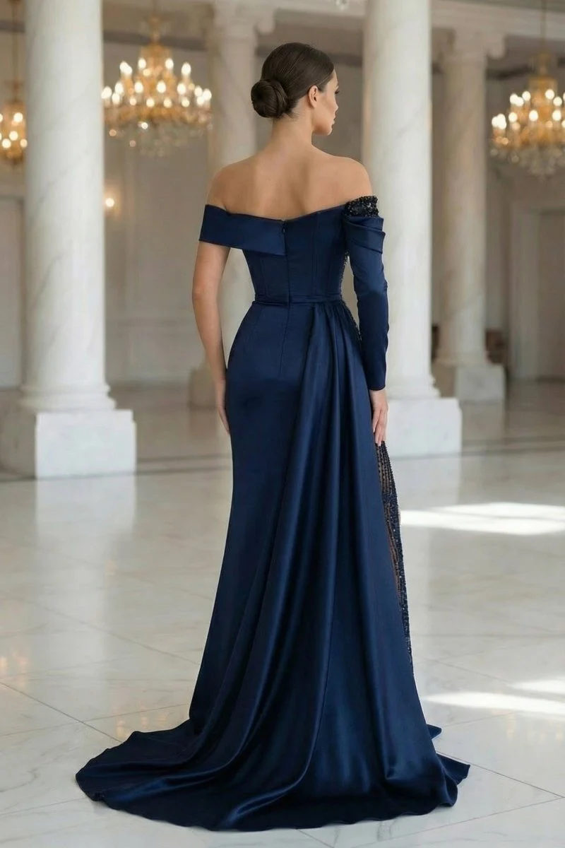 Sheath Off-The-Shoulder Long Sleeves Satin/Sequined Prom Dresses