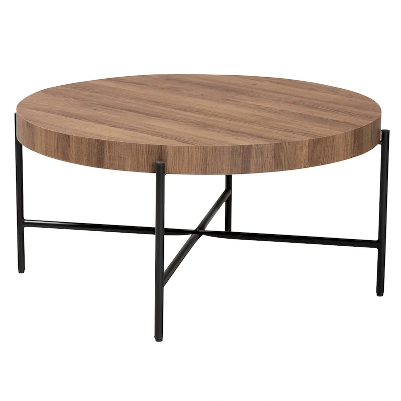 Walnut Brown & Black Round Industrial Coffee Table with Crisscross Metal Base – Single